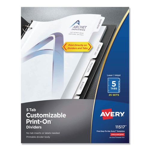 July Member-Exclusive Offer Save 10% off on One Item | Avery 11517 Print-On 11 in. x 8.5 in. 5-Tab 3-Hole Customizable Punched Dividers - White (125/Pack) image number 0