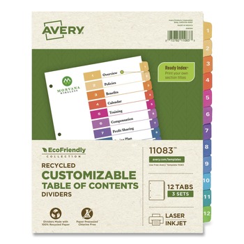 Avery Ready Index 11 in. x 8.5 in. 12-Tab 1 to 12 Customizable Table of Contents Dividers with Multicolor Tabs - White (3/Pack) - 11083