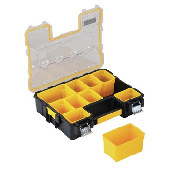 CASES AND BAGS | Dewalt 14 in. x 17-1/2 in. x 4-1/2 in. Deep Pro Organizer with Metal Latch - Yellow/Clear/Black - DWST14825