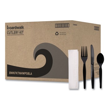 Boardwalk Heavyweight Fork/Knife/Napkin/Teaspoon 4-Piece Plastic Cutlery Kit - Black (250/Carton) - BWKFKTNHWPSBLA