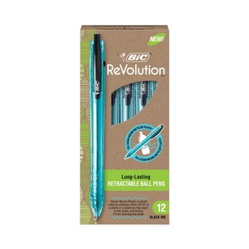 BIC BPRR11BK ReVolution Ocean Bound Medium 1 millimeter Retractable Ballpoint Pen - Black Ink/Translucent Blue Barrel (1-Dozen)