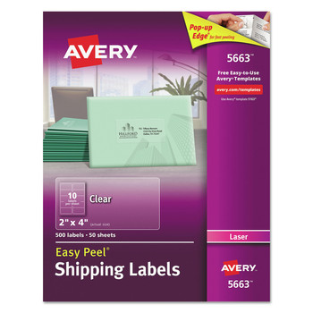Avery 2 in. x 4 in. Matte Clear Easy Peel Mailing Labels with Sure Feed Technology for Laser Printers - Clear (10/Sheet, 50 Sheets/Box) - 05663