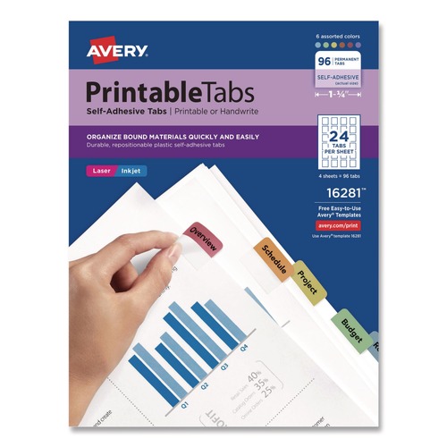 July Member-Exclusive Offer Save 10% off on One Item | Avery 16281 1.25 in. Wide 1/5-Cut Printable Plastic Tabs with Repositionable Adhesive - Assorted Colors (96/Pack) image number 0
