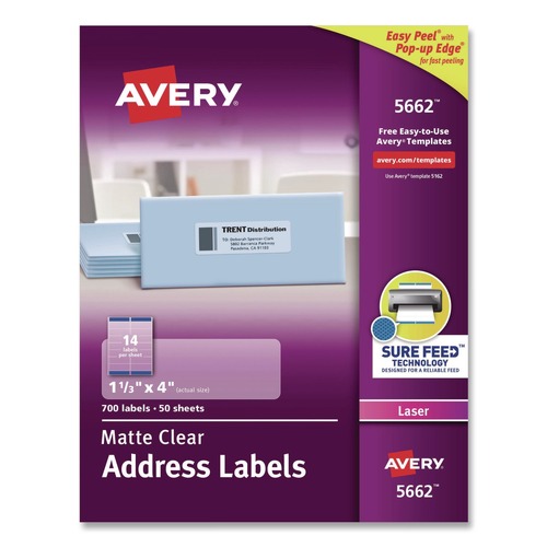 July Member-Exclusive Offer Save 10% off on One Item | Avery 05662 1.33 in. x 4 in. Matte Clear Easy Peel Mailing Labels with Sure Feed Technology for Laser Printers - Clear (14/Sheet, 50 Sheets/Box) image number 0