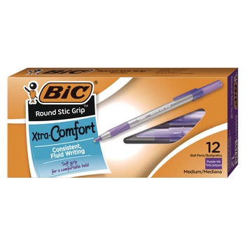 BIC GSMG11-PE Round Stic Grip Xtra Comfort Medium 1.2 mm Stick Easy-Glide System Ballpoint Pen - Purple Ink/Gray/Purple Barrel (1-Dozen)