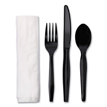 Boardwalk Mediumweight Fork/Knife/Napkin/Spoon 4-Piece Plastic Cutlery Kit - Black (250/Carton) - BWKFKTNMWPSBLA