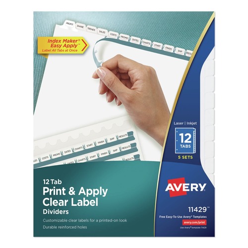 July Member-Exclusive Offer Save 10% off on One Item | Avery 11429 Index Maker 11 in. x 8.5 in. 12-Tab Print and Apply Clear Label Dividers - White/White Tabs (5/Pack) image number 0
