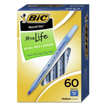 BIC GSM609-BLU Round Stic Xtra Life Medium 1 mm. Stick Ballpoint Pen Value Pack - Blue Ink/Translucent Blue Barrel (60/Box)