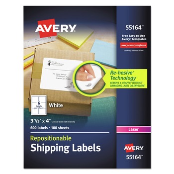 Avery 55164 3.33 in. x 4 in. Repositionable Shipping Labels with Sure Feed for Laser Printers - White (100/Box)