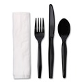  | Boardwalk BWKFKTNMWPSBLA Mediumweight Fork/Knife/Napkin/Spoon 4-Piece Plastic Cutlery Kit - Black (250/Carton) image number 0