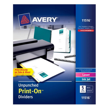 Avery Print-On 11 in. x 8.5 in. 5-Tab Customizable Unpunched Dividers - White (5/Pack) - 11516