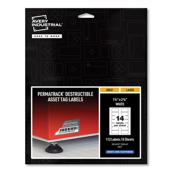 Avery PermaTrack 1.25 in. x 2.75 in. Laser Printers Destructible Asset Tag Labels - White (112/Pack) - 60537