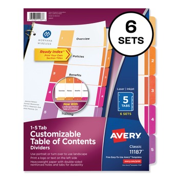 Avery 11187 Ready Index 11 in. x 8.5 in. 5-Tab 1 to 5 Customizable TOC Dividers - Multicolor Tabs/White (6/Pack)