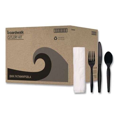  | Boardwalk BWKFKTNMWPSBLA Mediumweight Fork/Knife/Napkin/Spoon 4-Piece Plastic Cutlery Kit - Black (250/Carton) image number 0
