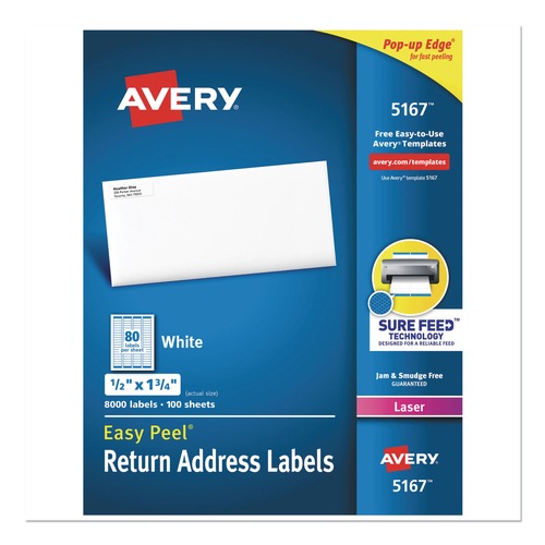 July Member-Exclusive Offer Save 10% off on One Item | Avery 05167 0.5 in. x 1.75 in. Easy Peel Address Labels with Sure Feed Technology for Laser Printers - White (80/Sheet, 100 Sheets/Box) image number 0