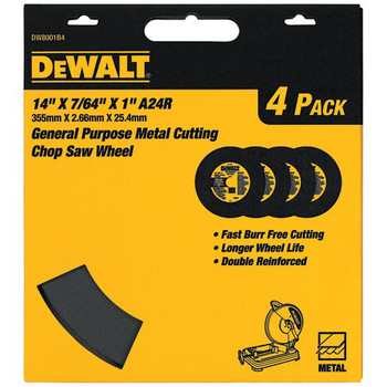 GRINDING SANDING POLISHING ACCESSORIES | Dewalt DW8001B4 14 in. x 7/64 in. A24R High-Performance Metal Chop Saw Wheel (4 Pc)