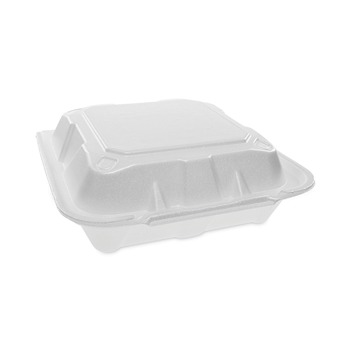 Pactiv Corp. 8.42 in. x 8.15 x 3 in. Foam Hinged Lid Containers Dual Tab Lock - White (150/Carton) - YTD188010000