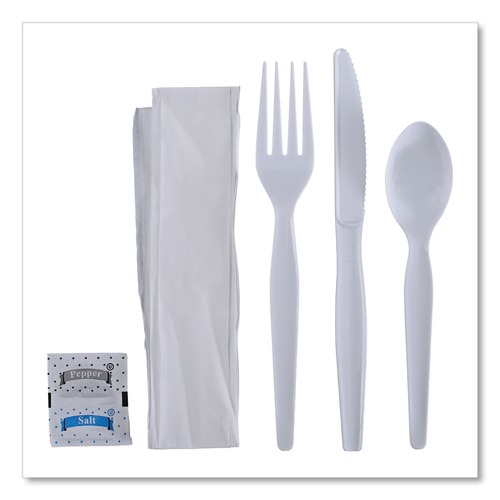  | Boardwalk BWKFKTNSHWPSWH Heavyweight Fork/Knife/Napkin/Pepper/Salt/Spoon 6-Piece Plastic Cutlery Kit - White (250/Carton) image number 0