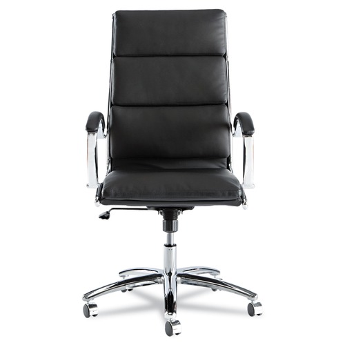 July Member-Exclusive Offer Save 10% off on One Item | Alera ALENR4119 Neratoli Series 17.32 in. to 21.25 in. Seat Height 275 lbs. Capacity High-Back Slim Profile Faux Leather Chair - Black Seat/Back, Chrome image number 0