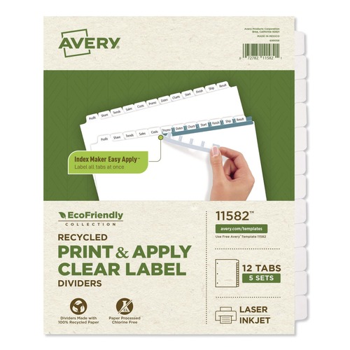 July Member-Exclusive Offer Save 10% off on One Item | Avery 11582 11 in. x 8.5 in. 12-Tab Index Maker EcoFriendly Print and Apply Clear Label Dividers - White (5 Sets/Pack) image number 0