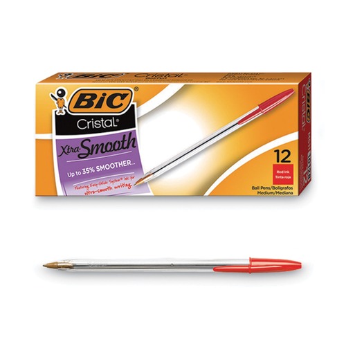  | BIC MS11-RED Cristal Xtra Smooth Medium 1 millimeter Stick Ballpoint Pen - Red Ink/Clear Barrel (1-Dozen) image number 0