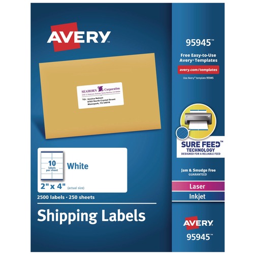 July Member-Exclusive Offer Save 10% off on One Item | Avery 95945 2 in. x 4 in. Shipping Labels-Bulk Packs for Inkjet/Laser Printers - White (10/Sheet, 250 Sheets/Box) image number 0