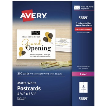 Avery 05689 80 lbs. 4.25 x 5.5 in. Printable Postcards for Laser Printers - Matte White (200 Cards, 4 Cards/Sheet, 50 Sheets/Box)