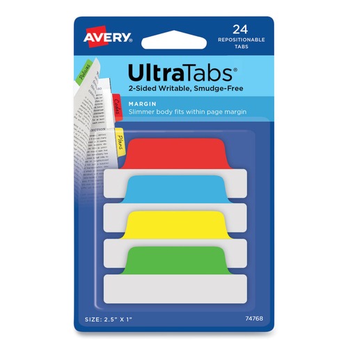 July Member-Exclusive Offer Save 10% off on One Item | Avery 74768 2.5 in. x 1 in. 1/5-Cut Ultra Tabs Repositionable Tabs - Assorted Colors (24/Pack) image number 0