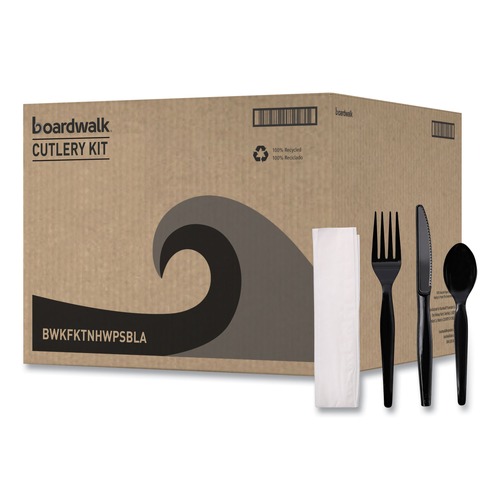  | Boardwalk BWKFKTNHWPSBLA Heavyweight Fork/Knife/Napkin/Teaspoon 4-Piece Plastic Cutlery Kit - Black (250/Carton) image number 0
