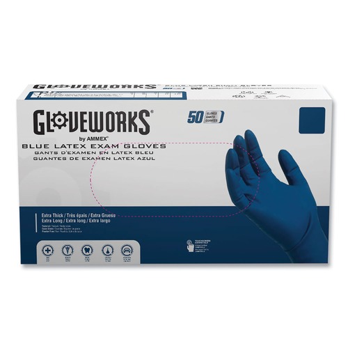  | Ammex GPLHD84100 11.6 in. Long 13 mil Powder-Free Latex Exam Gloves - Medium/Blue (500/Carton) image number 0