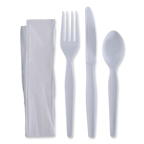  | Boardwalk BWKFKTNHWPSWH Heavyweight Fork/Knife/Napkin/Teaspoon 4-Piece Plastic Cutlery Kit - White (250/Carton) image number 0