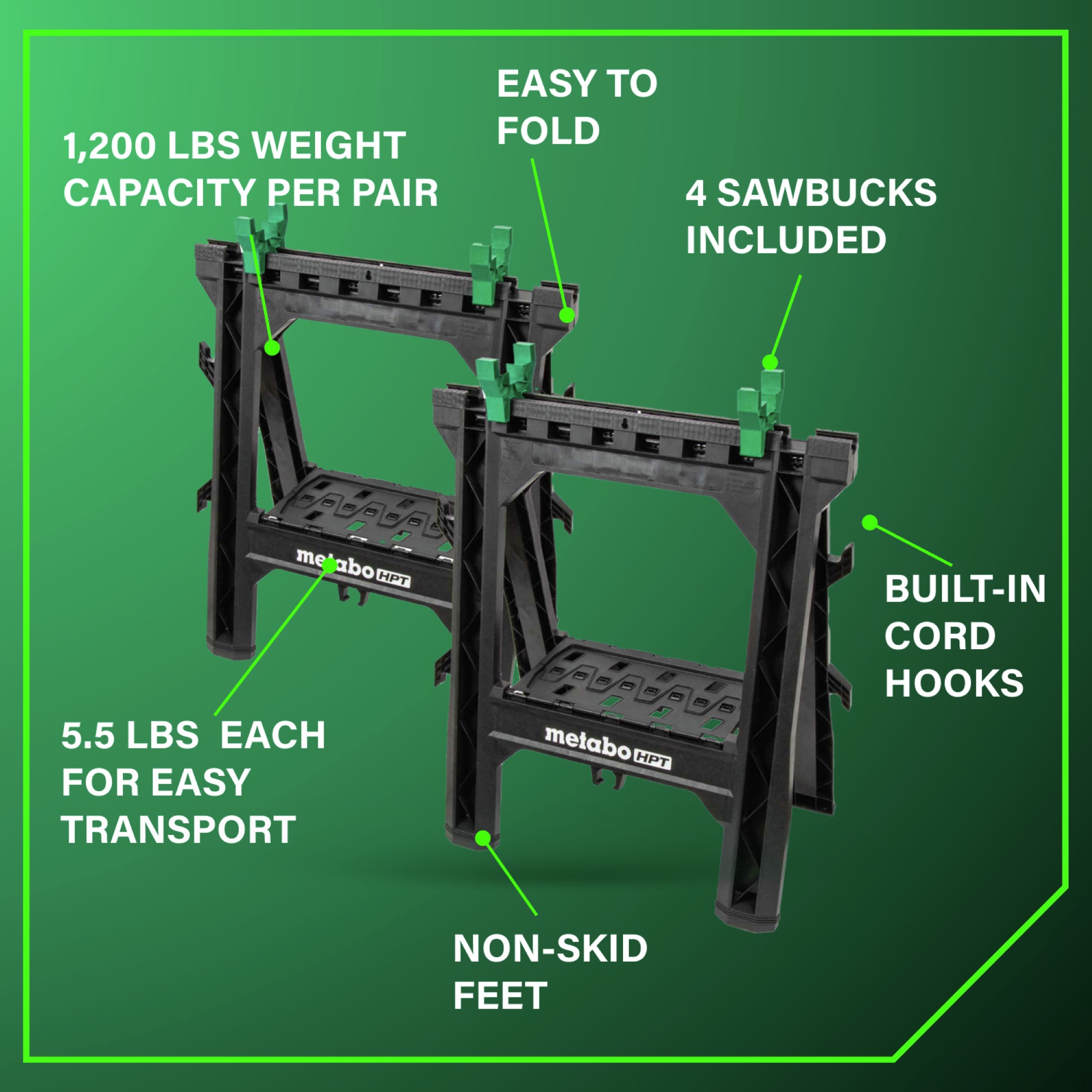 Supports 1200 lbs. and includes (4) sawbucks and built-in cord hooks.