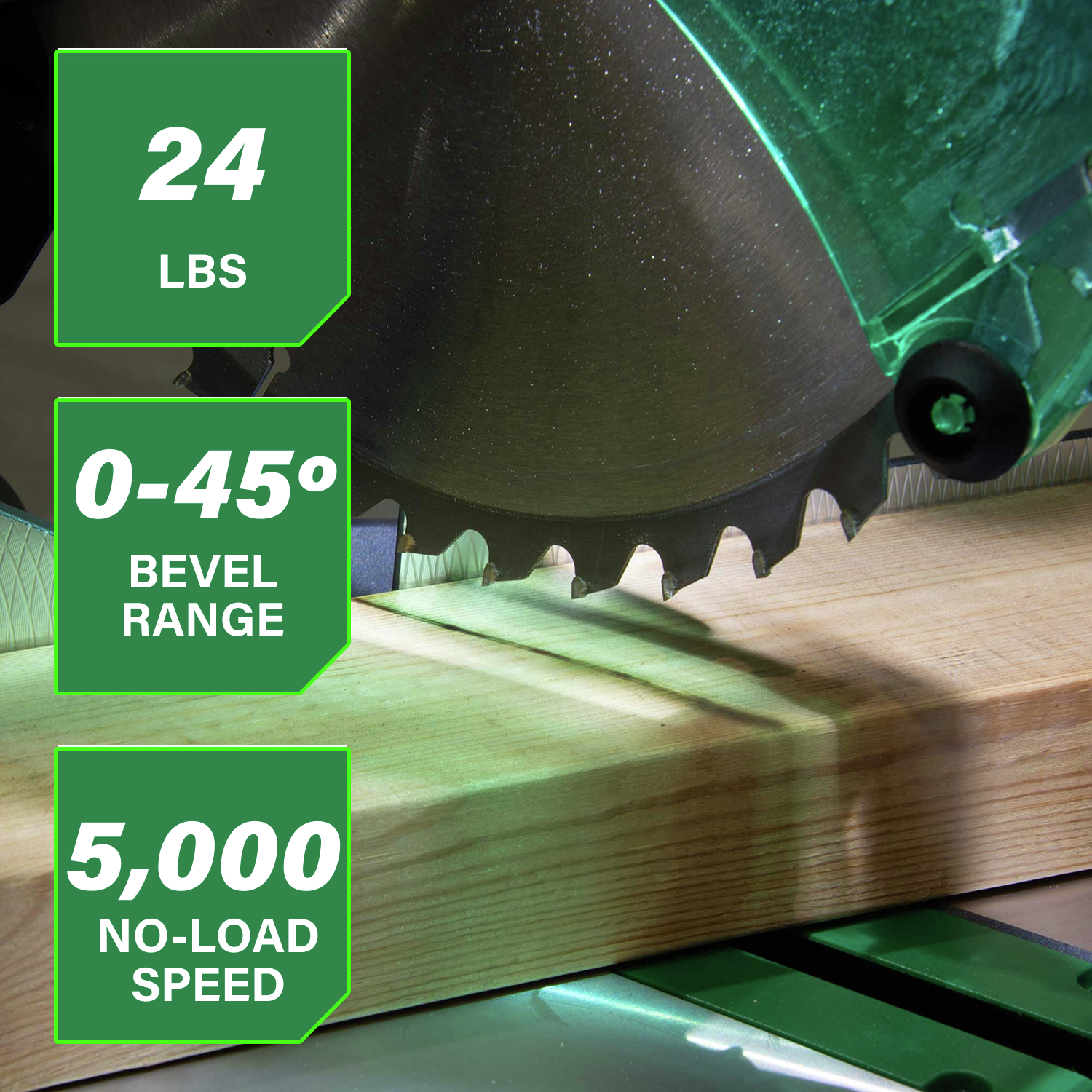 Weighing 24 lbs., this saw offers a 0–45° bevel range and a 5000 RPM no-load speed for efficient cutting.