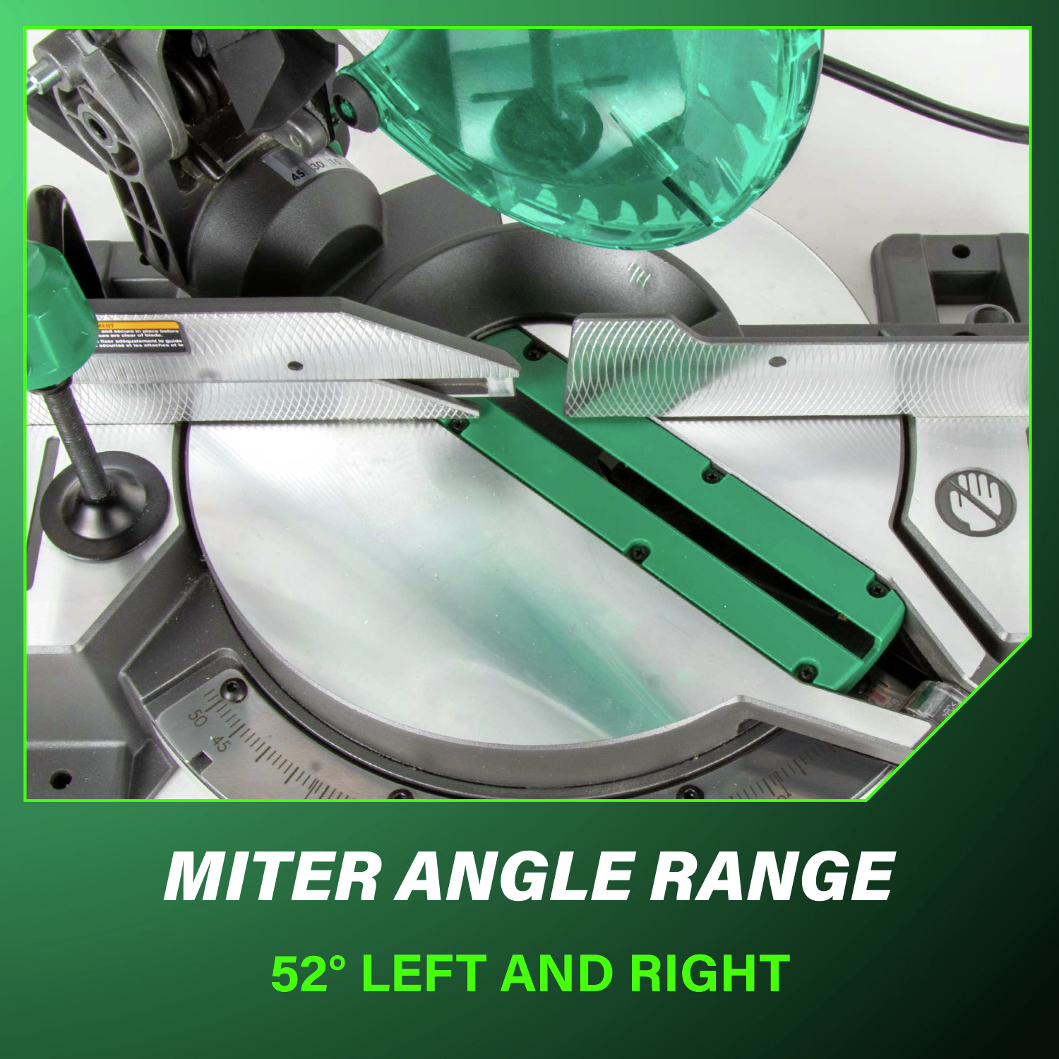 Features a miter angle range of 52° left and right for versatile cutting applications.