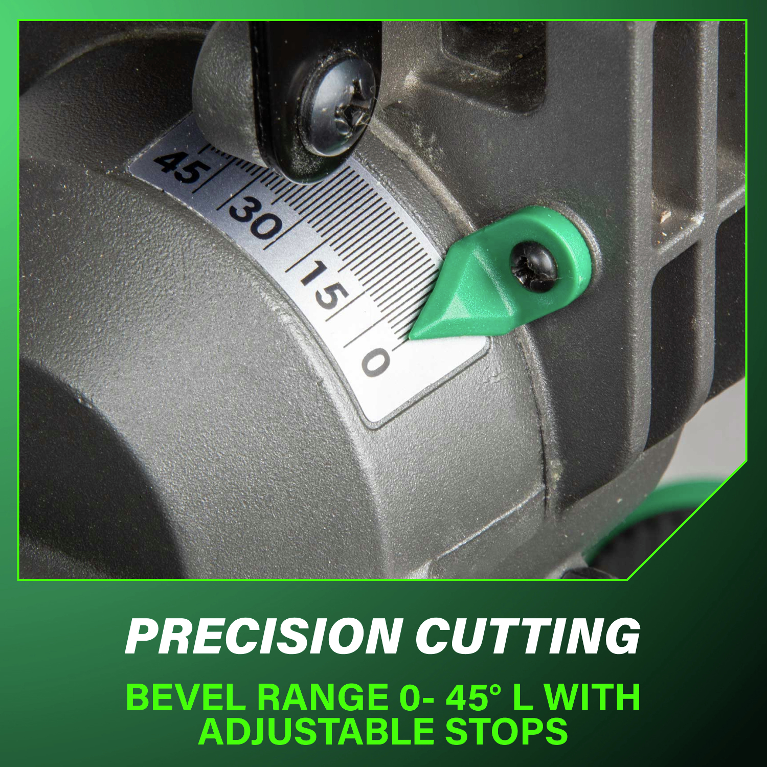 Enables precise cutting with a bevel range of 0–45° L and adjustable stops for accuracy.