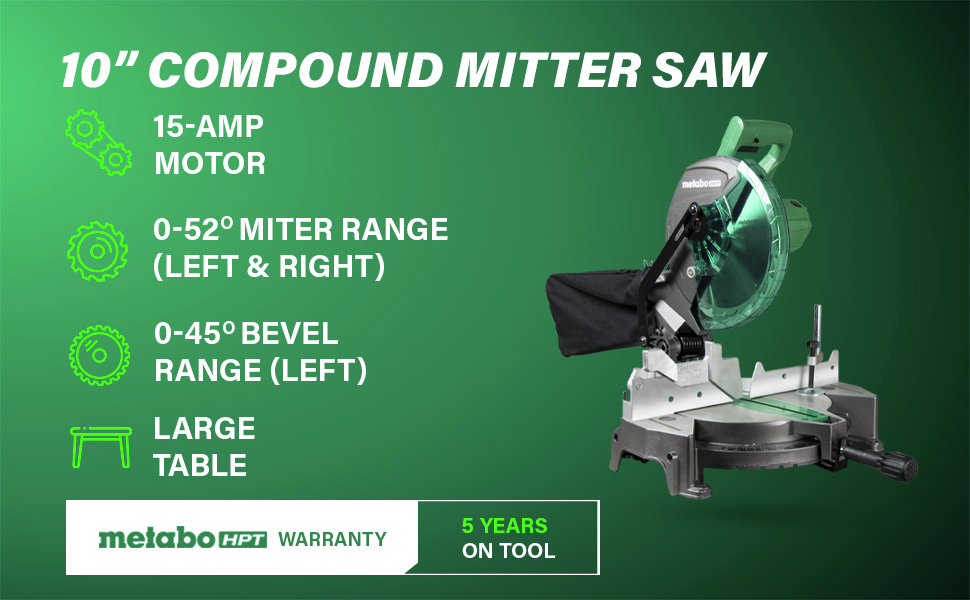 10in. Compound Miter Saw with 15-amp motor, wide miter range, and large table.