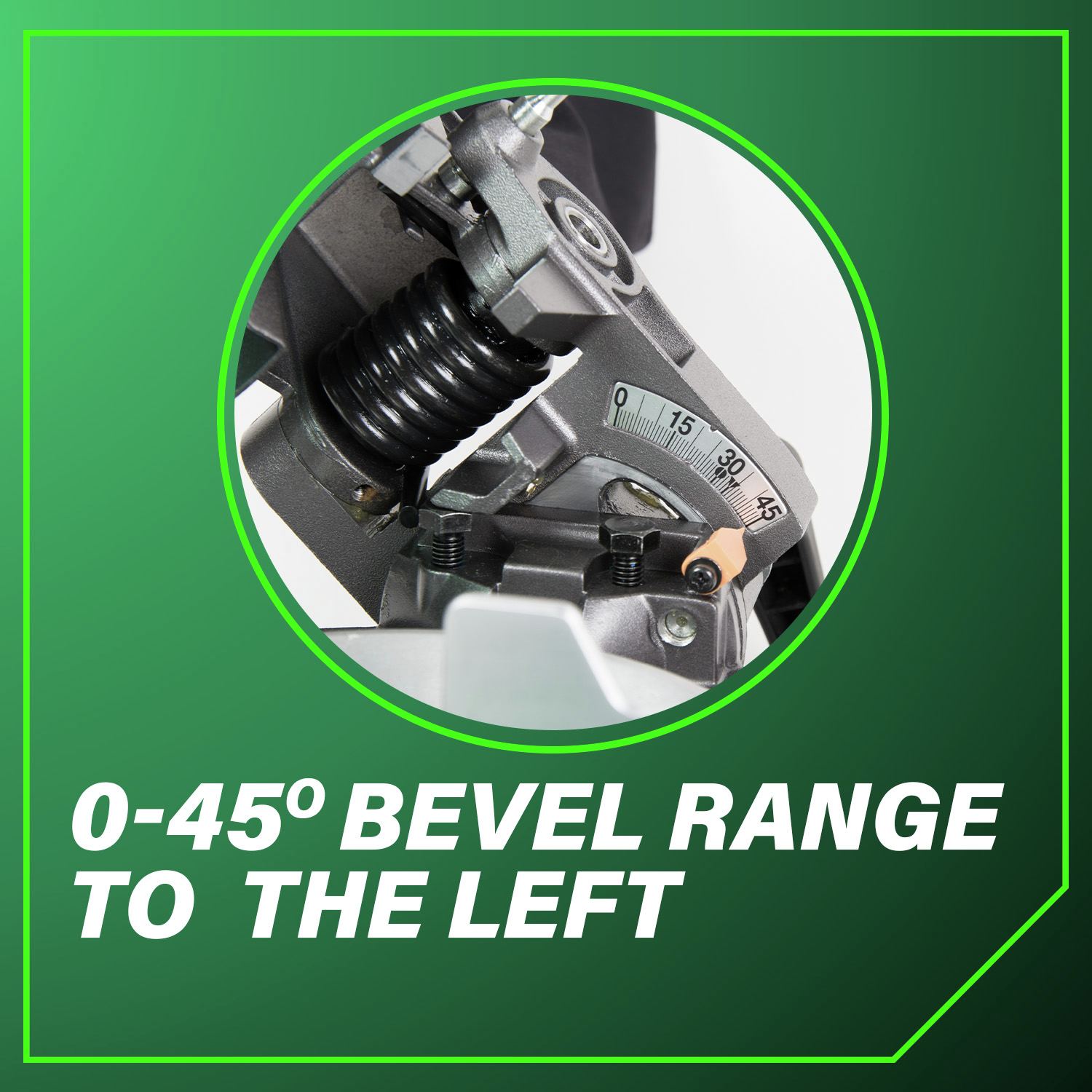 0-40 degrees bevel range to the left for versatile angled cuts.
