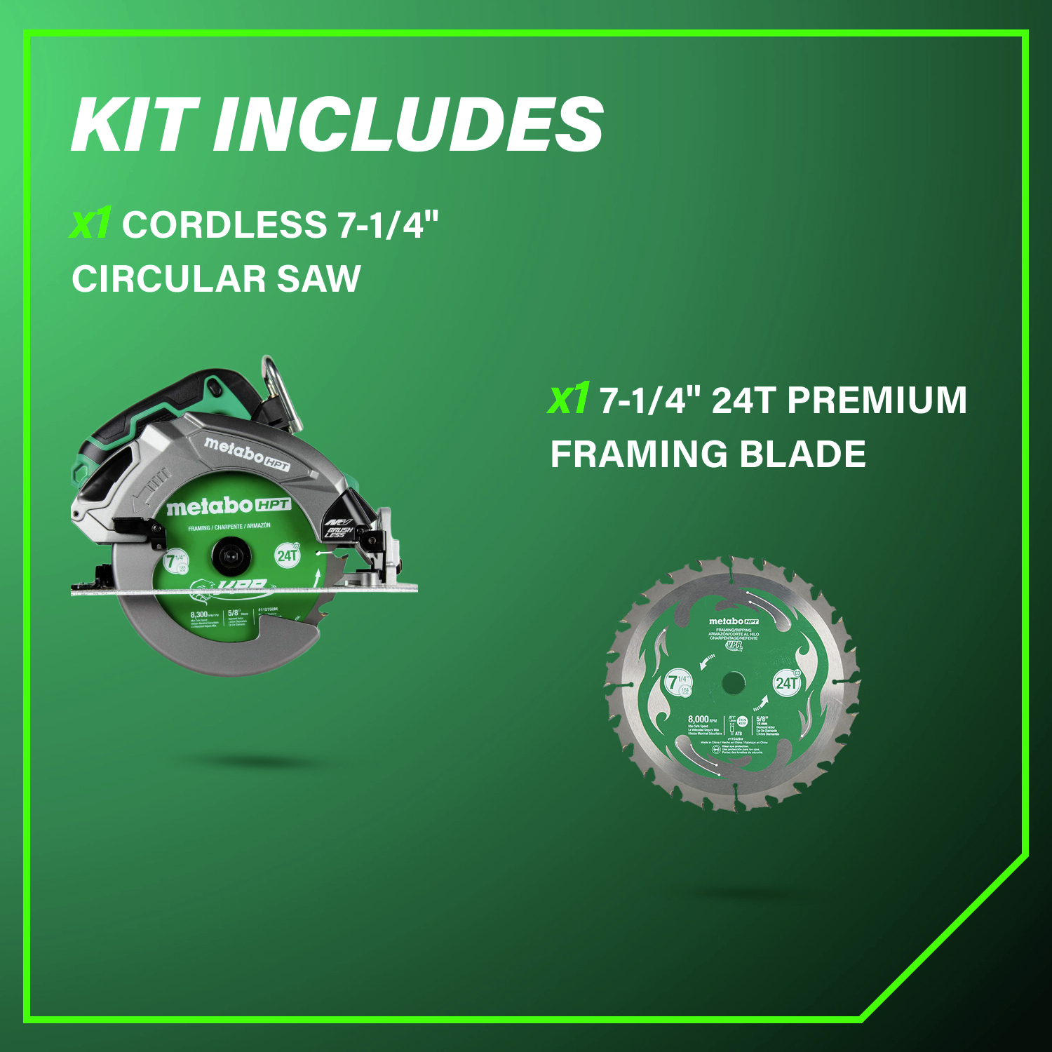 The kit includes the cordless 7-1/4 in. circular saw and a 7-1/4 in. 24T premium framing blade.