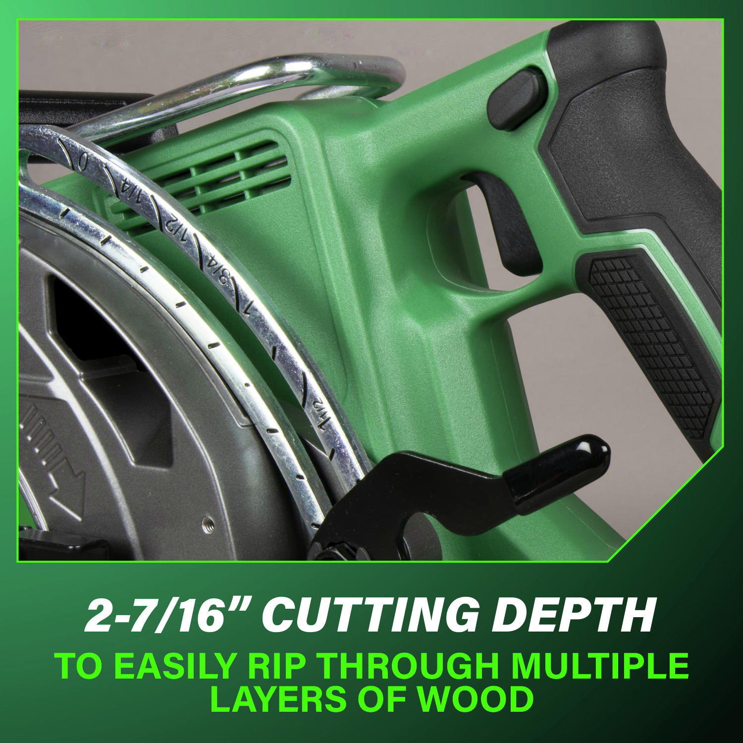 2-7/16 in. cutting depth easily rips through multiple layers of wood with precision.