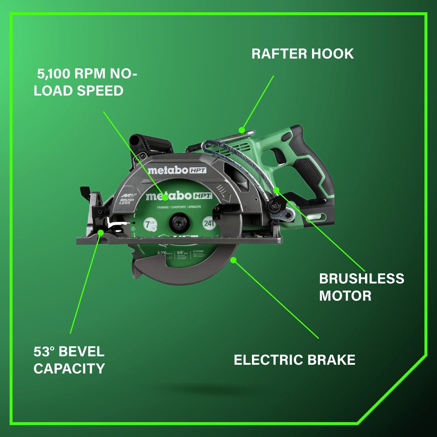 Features 5100 RPM no-load speed, rafter hook, 53° bevel capacity, brushless motor, and electric brake for superior performance