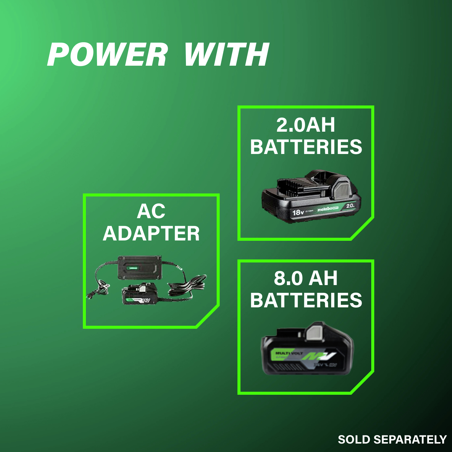 Powered by 5 Ah and 8 Ah batteries with AC adapter for extended runtime.