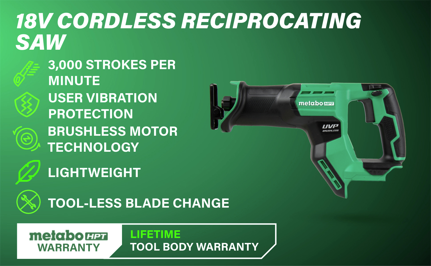 18V Cordless Reciprocating Saw with 3,000 SPM, brushless motor, and tool-less blade changes.