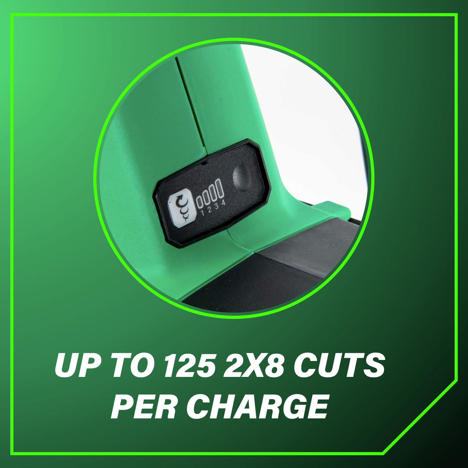 Up to 125 2x8 cuts per charge for long-lasting performance on tough jobs.