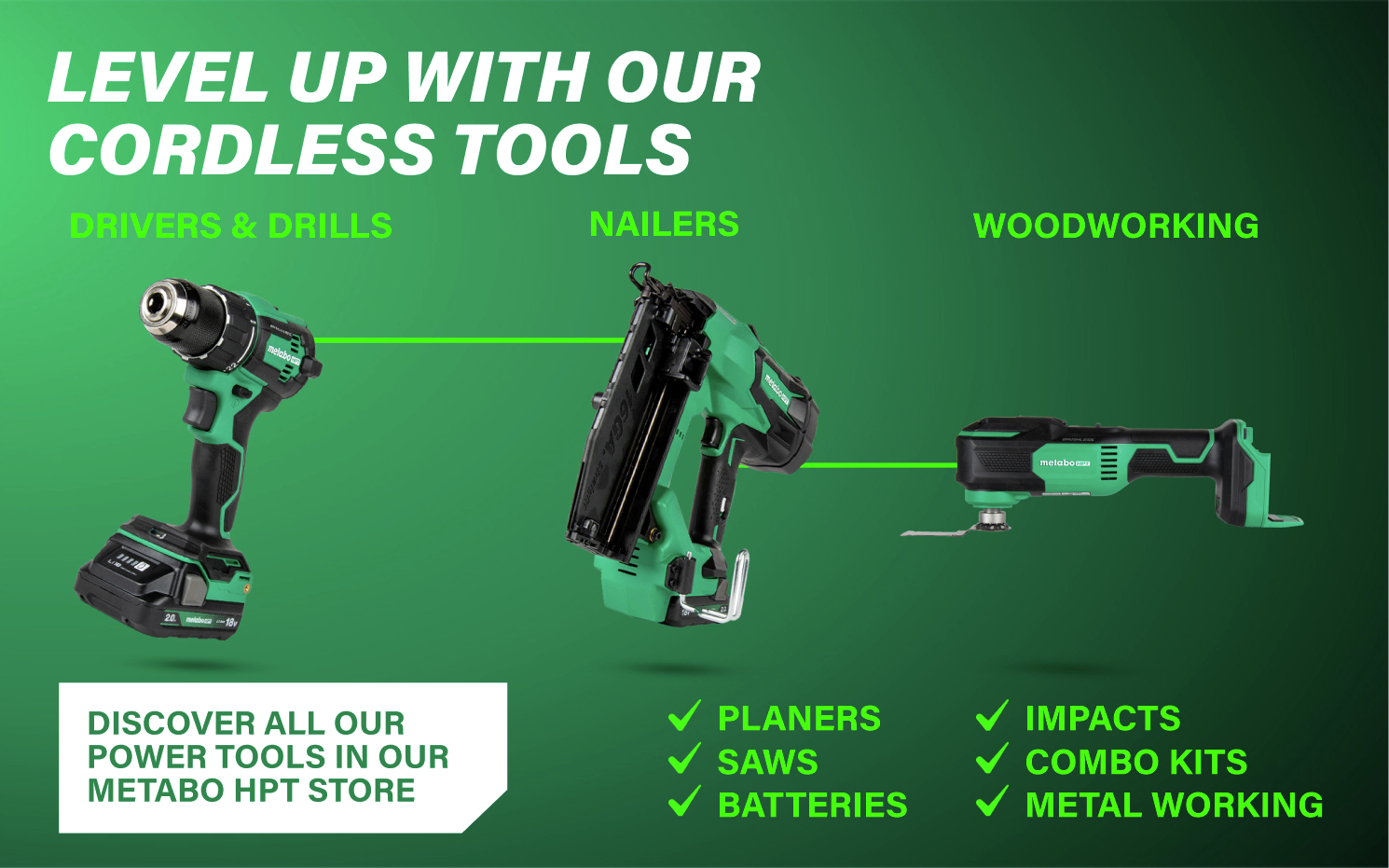 Level up with our cordless tools Discover all cordless tools at Metabo HPT.