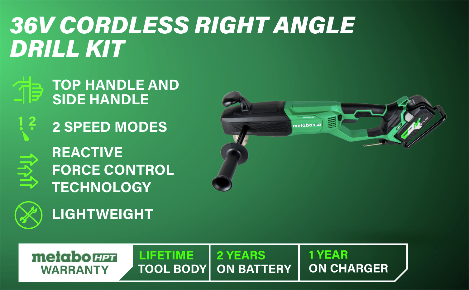 36V Cordless Right Angle Drill Kit with top and side handles, 2-speed modes, and lightweight design.