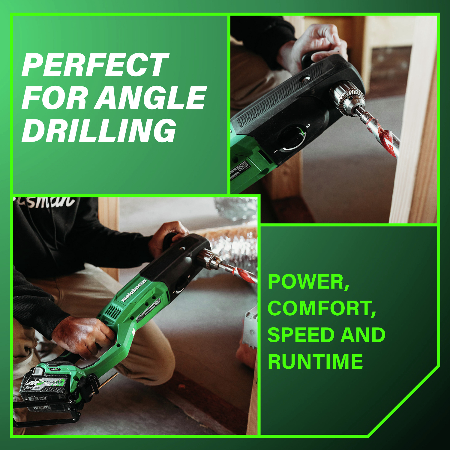 Perfect for angle drilling, offering power, comfort, speed, and long runtime.