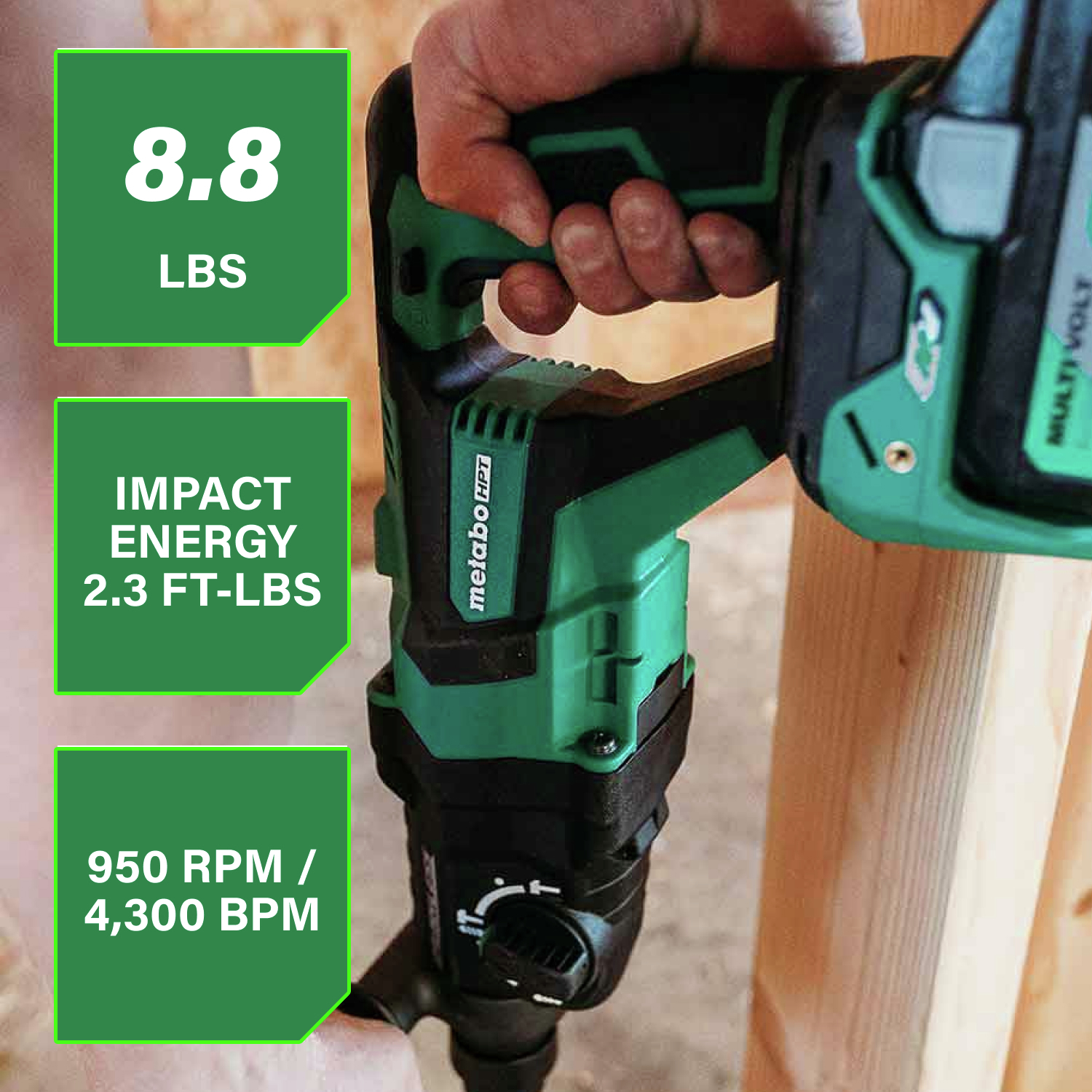 Weighing 8.8 lbs. with 2.3 ft-lbs. impact energy and 950 RPM / 4300 BPM for powerful operation.