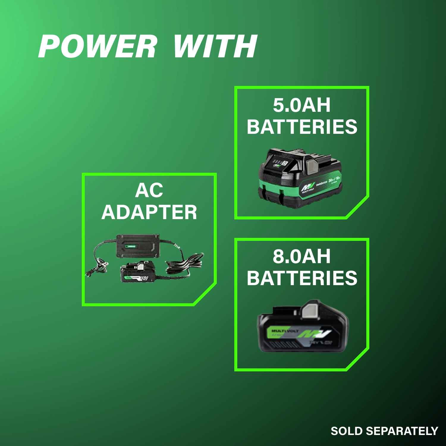 Powered by 5 Ah or 8 Ah batteries and AC adapter (sold separately) for extended runtime.