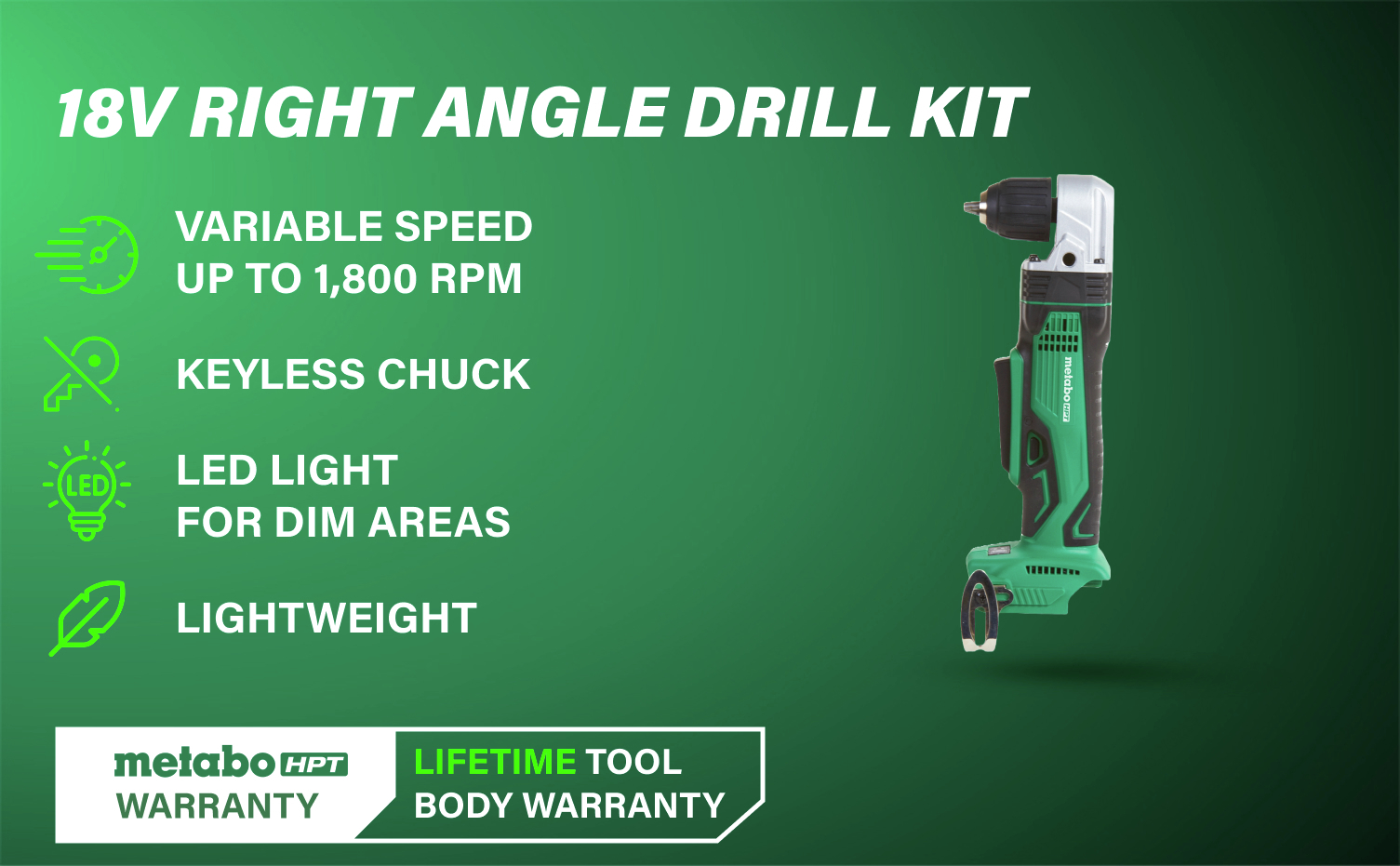 18V Right Angle Drill Kit with LED light, variable speed, and up to 1,800 RPM.