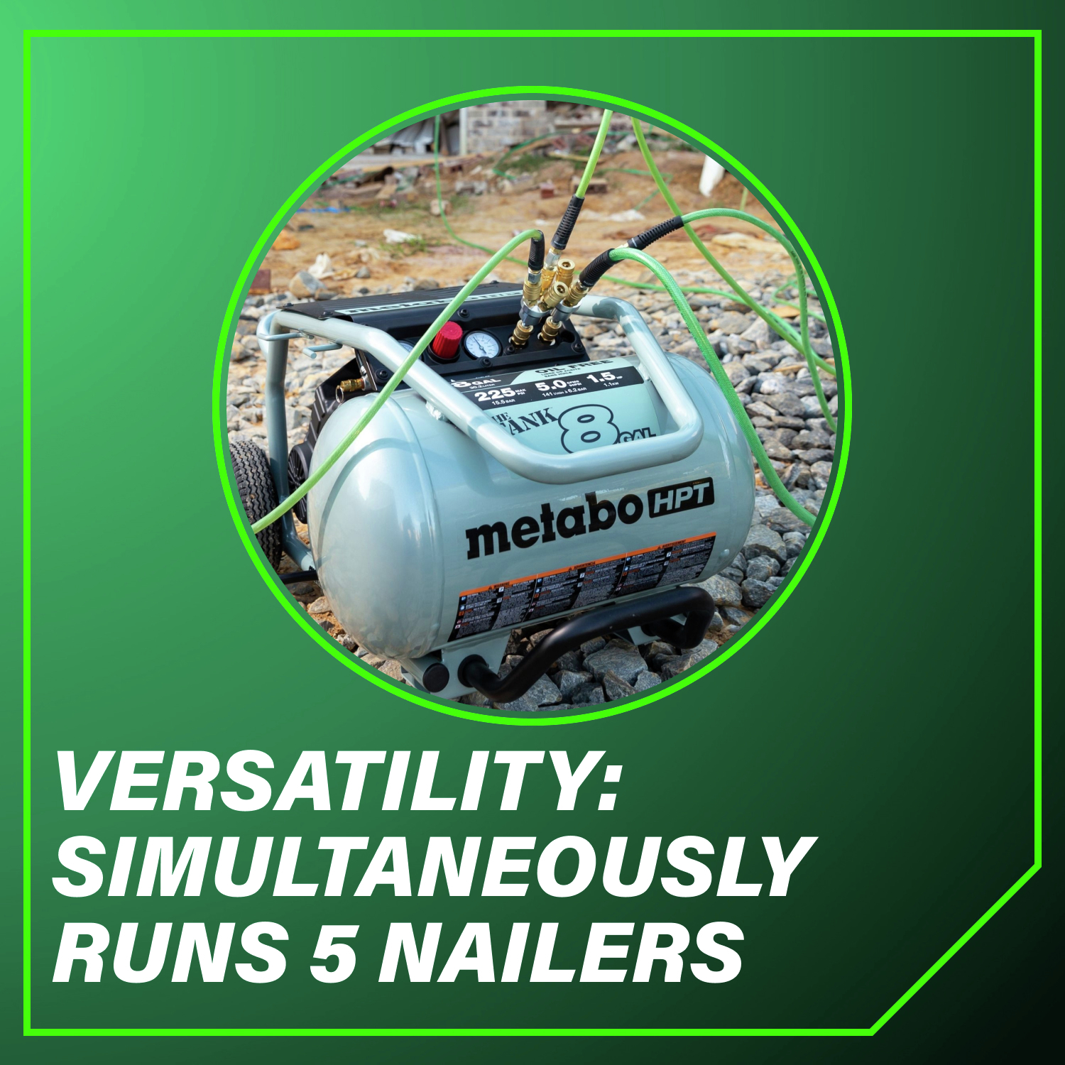 Versatility: Simultaneously runs 5 nailers